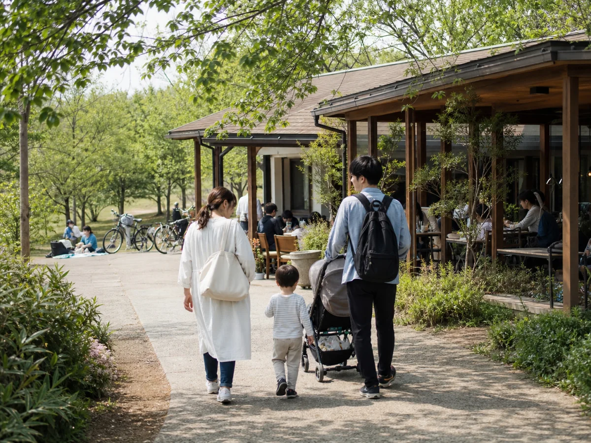 緑の公園とカフェへ家族で出かける休日のイメージ