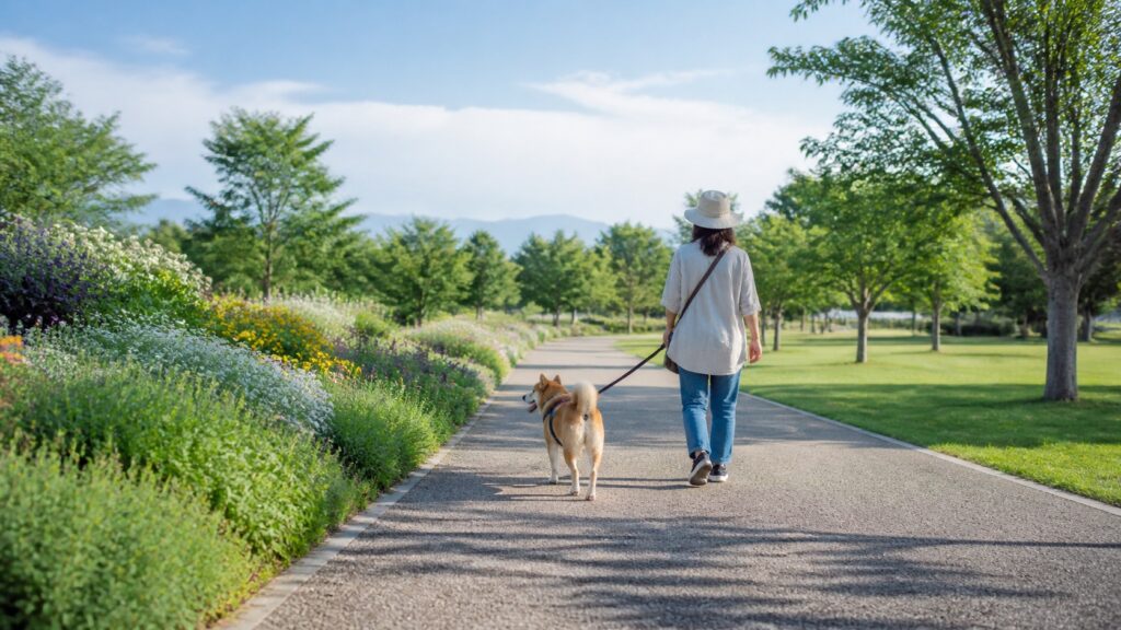 花壇のある公園の散策路をリード付きの犬と歩くテーマ画像