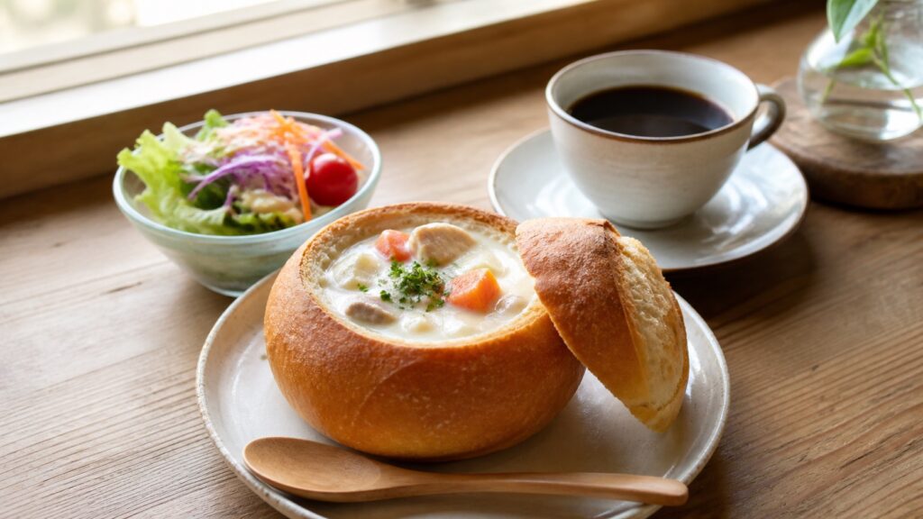 パンの器に入った温かい料理とコーヒーを並べたモーニングのテーマ画像