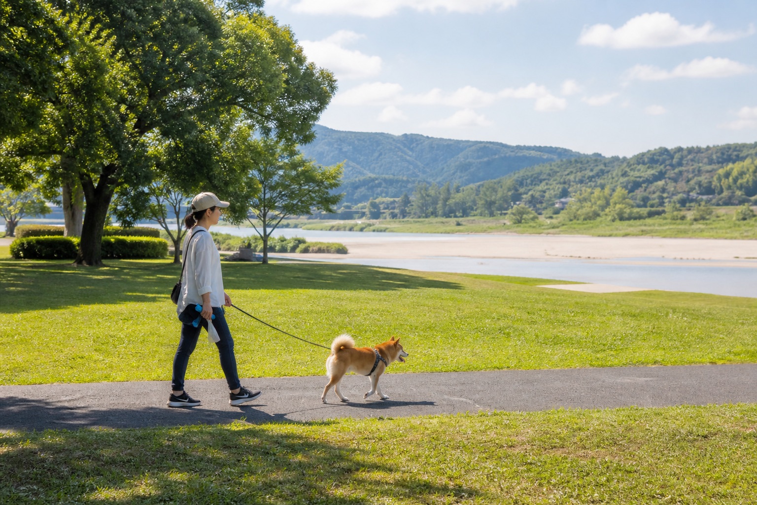 木曽川流域を思わせる一般的な河川沿い公園で飼い主が犬をリードにつないで散歩するテーマ画像