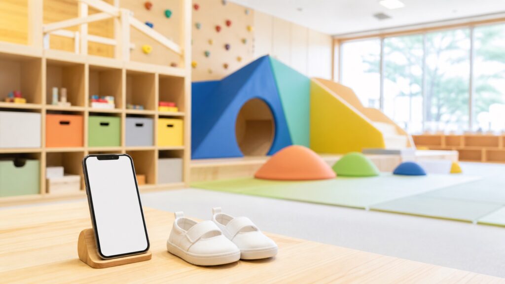 カラフルな室内遊具を抽象化した子ども向け遊び場のテーマ画像