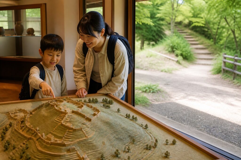 親子が抽象的な山城模型を見てから緑の丘を歩く歴史学習のテーマ画像
