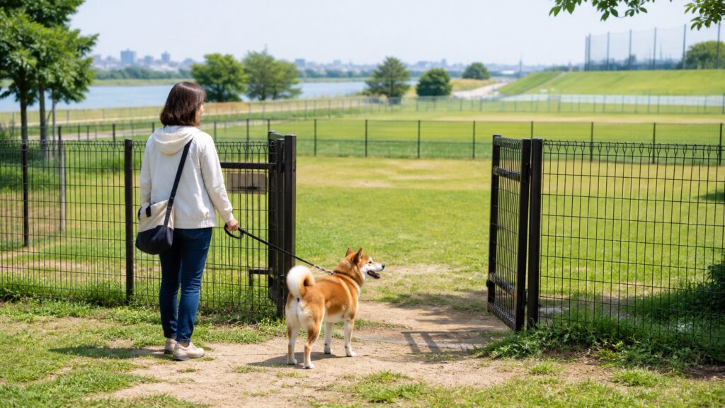木曽川沿いをイメージした広い公園の柵付きドッグラン入口で犬をリードにつなぐテーマ画像
