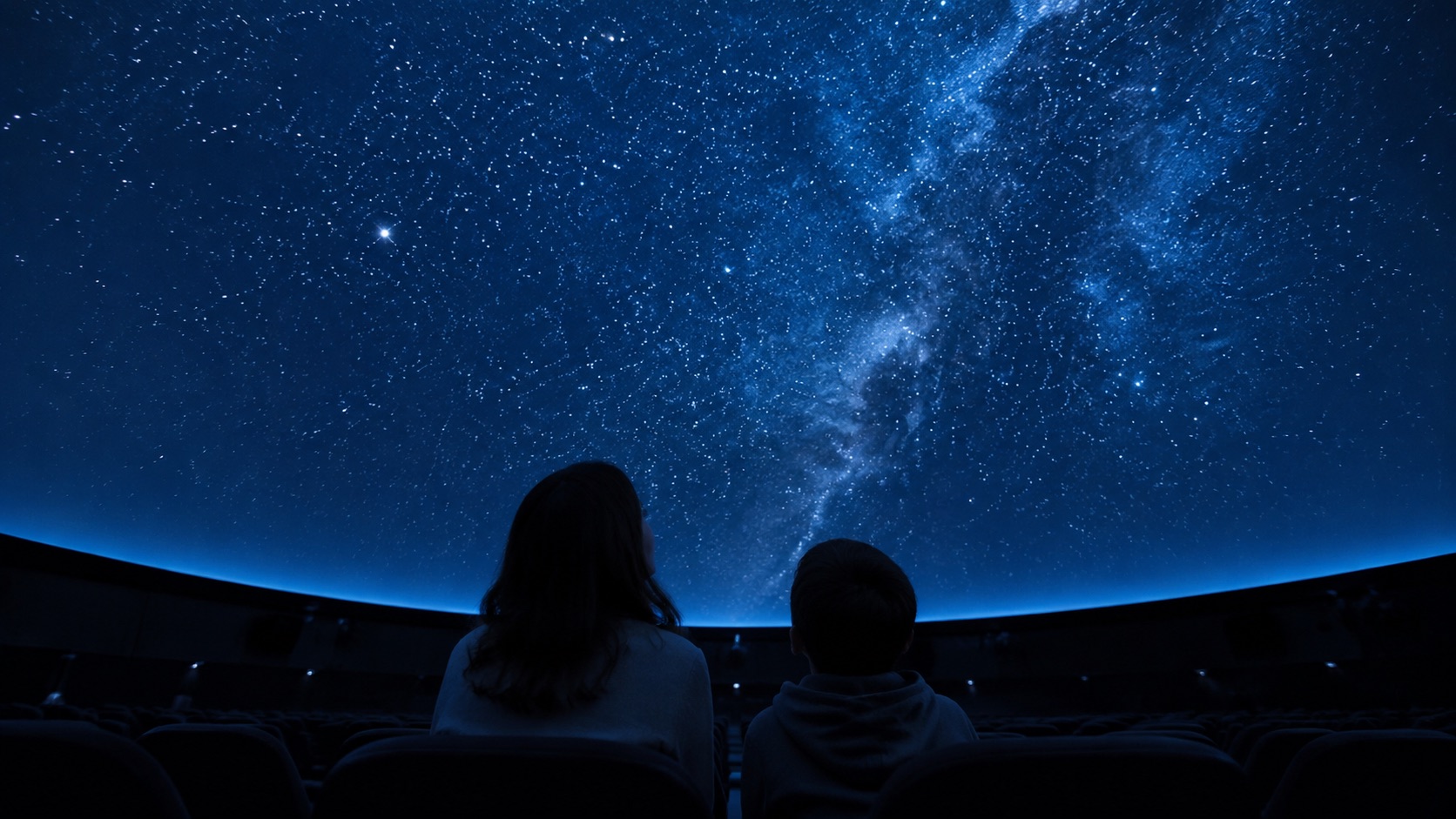 親子が一般的なプラネタリウムで星空投映を楽しむテーマ画像