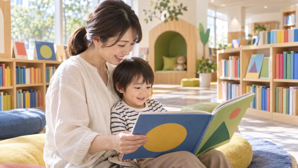 明るい子ども向け図書館で親子が絵本を選ぶテーマ画像