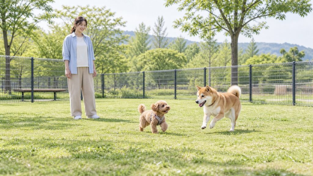 緑の公園内ドッグランで小型犬と中型犬を見守る飼い主のテーマ画像