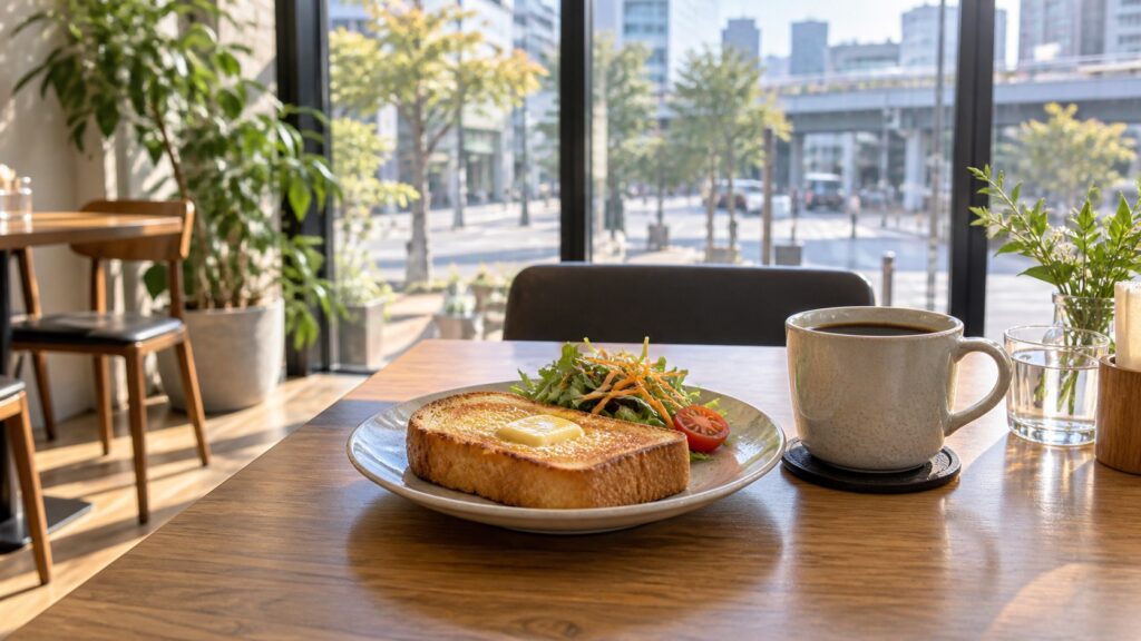 駅前カフェで朝のコーヒーとトーストを楽しむ場面のテーマ画像