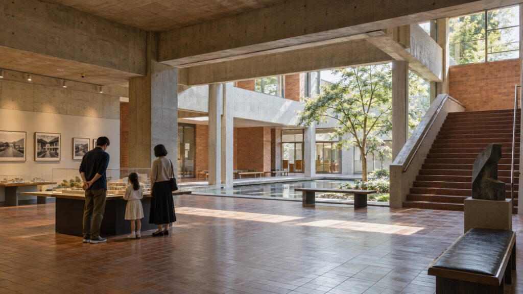 打放しコンクリートと中庭を持つ戦後モダン建築を見学するテーマ画像