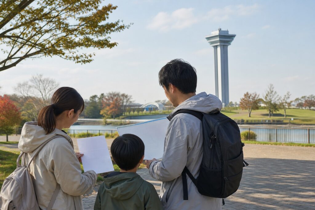 実在施設を再現せず展望塔へ出かける家族が時刻表と園内計画を確認するテーマ画像