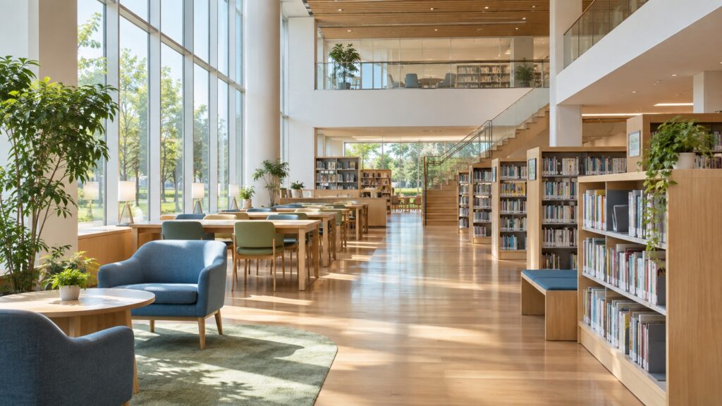 明るい公共図書館の書架と閲覧席を表すテーマ画像
