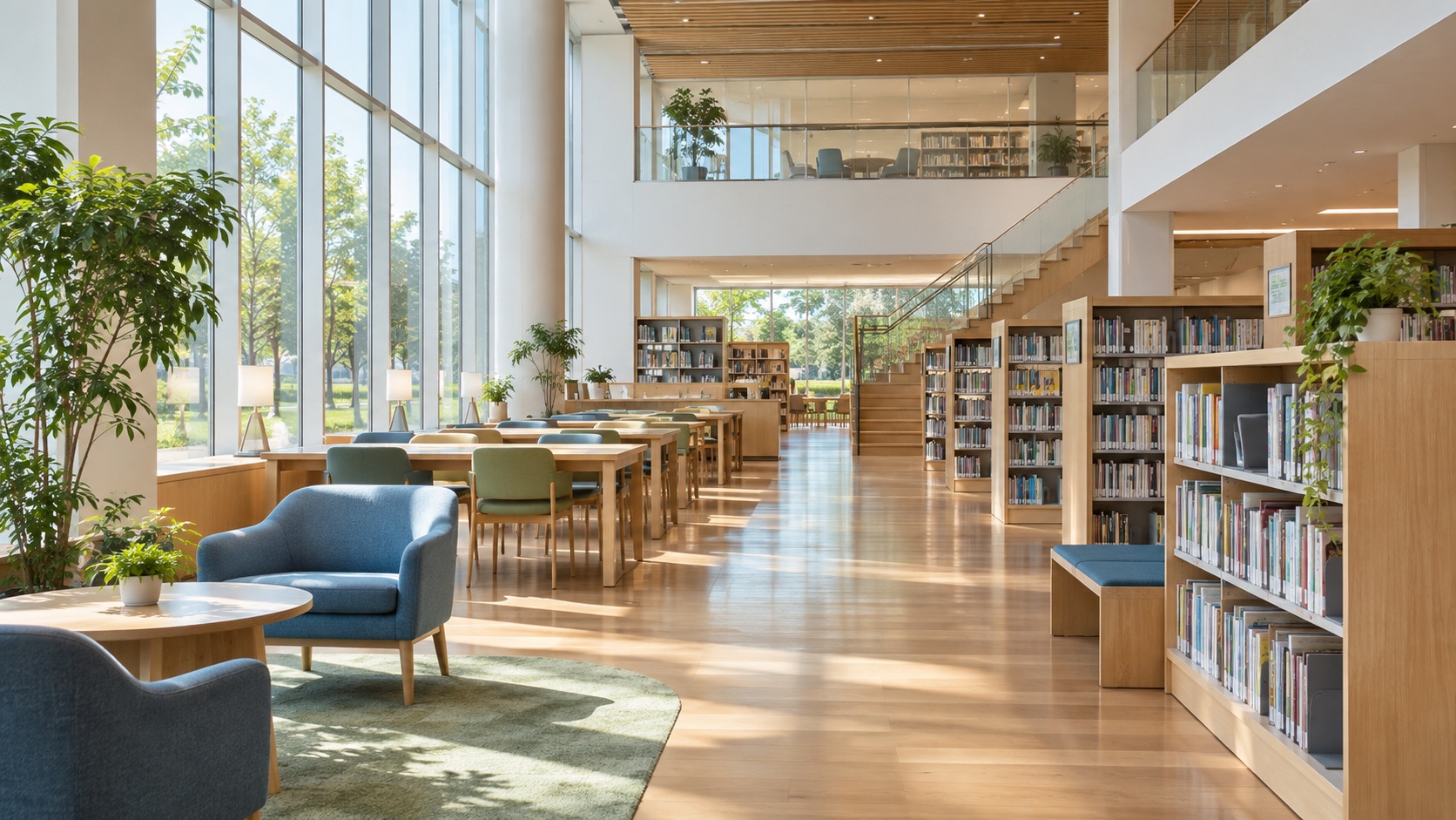 明るい公共図書館の書架と閲覧席を表すテーマ画像