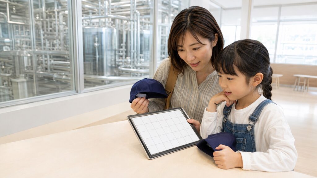 親子が予約カレンダーを確認して乳製品工場見学を計画するテーマ画像
