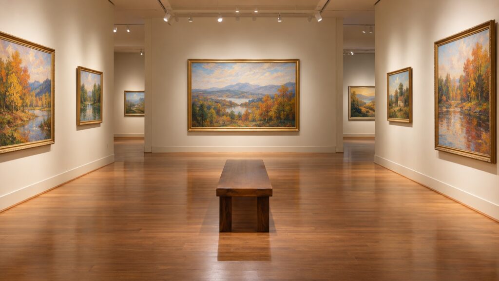 静かな地方美術館で風景画の展示を鑑賞する秋のおでかけテーマ画像