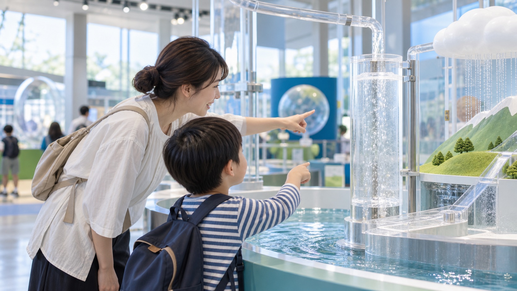 子どもが水循環の体験展示を楽しむ科学館のテーマ画像