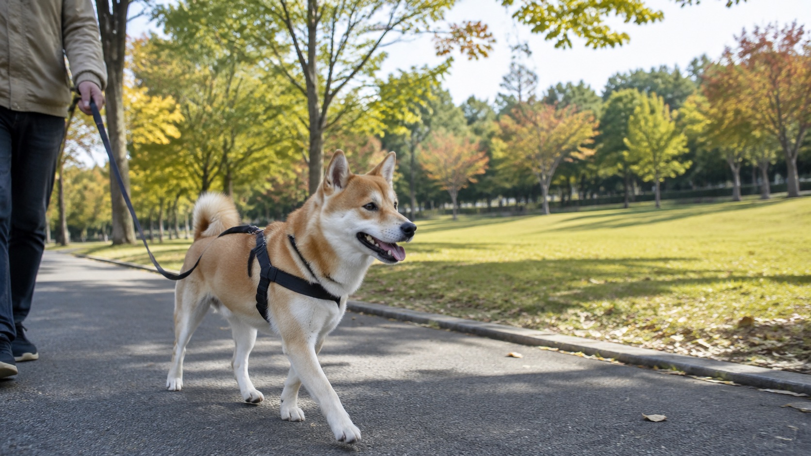 一般的な公園の舗装路をリード付きの犬と散歩するテーマ画像