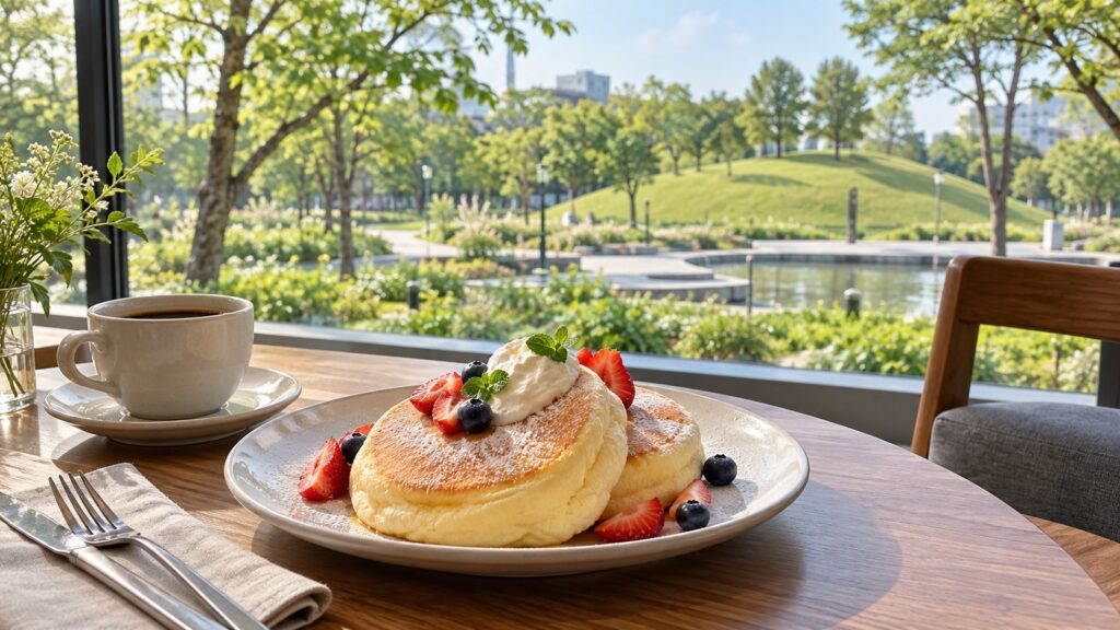 緑の公園を望むカフェでコーヒーとパンケーキを楽しむテーマ画像
