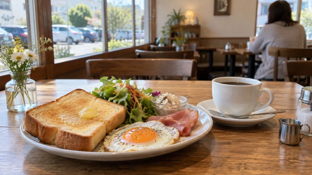 江南の郊外カフェでトーストと卵とコーヒーを楽しむ朝食のテーマ画像