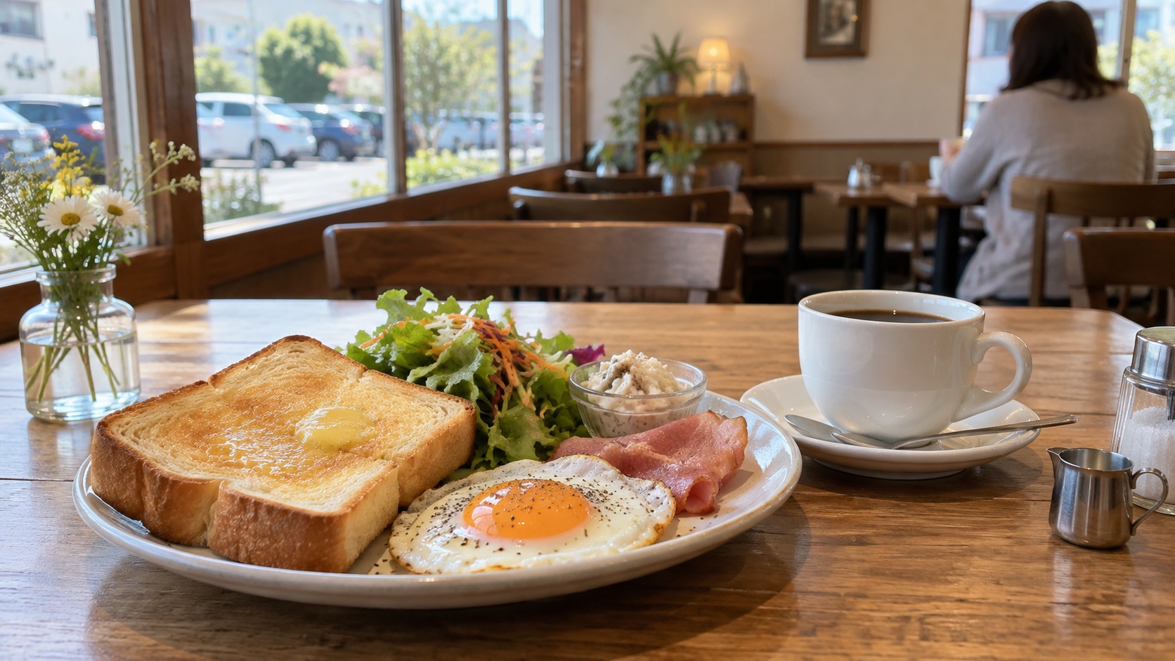 江南の郊外カフェでトーストと卵とコーヒーを楽しむ朝食のテーマ画像