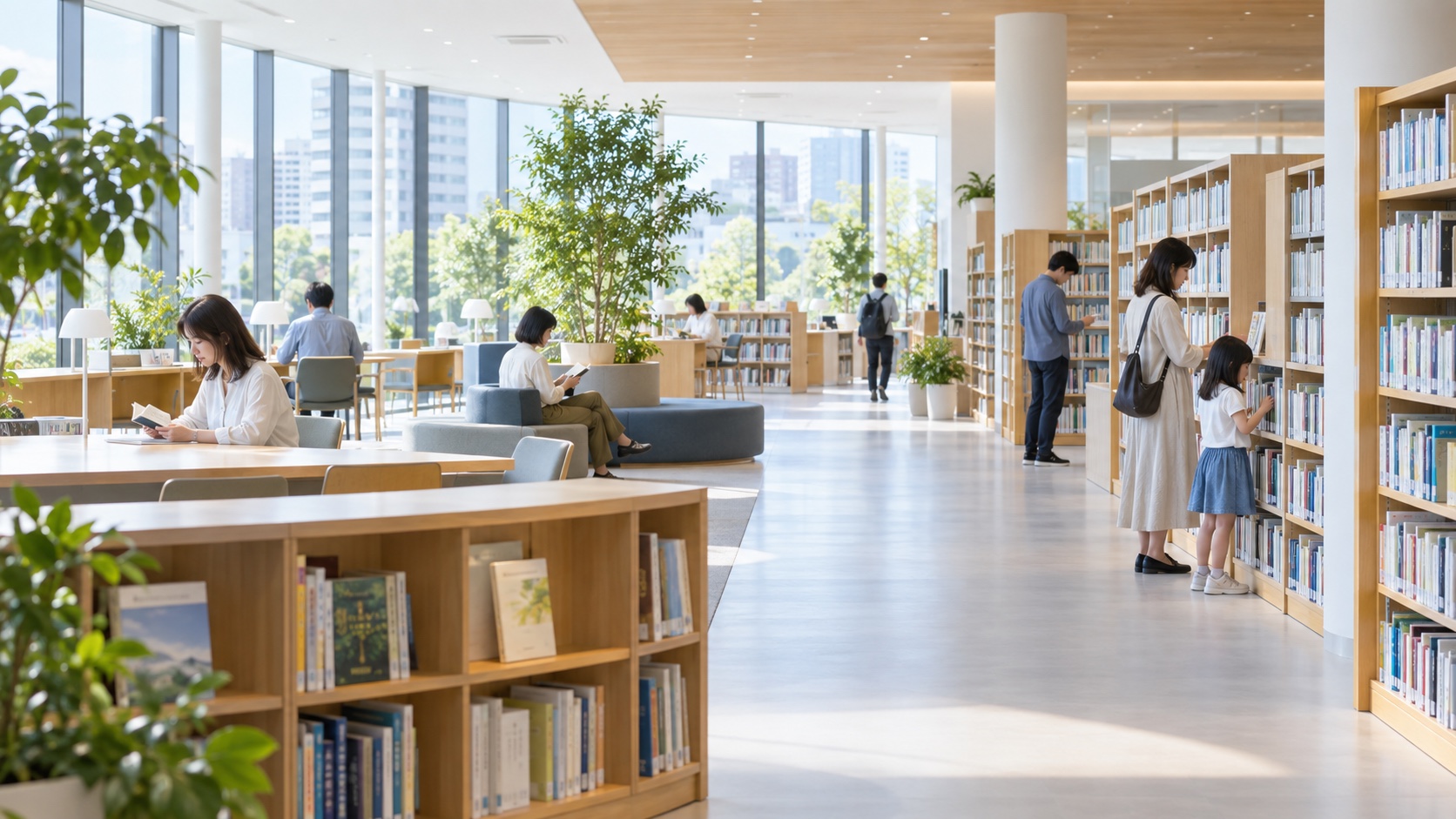 駅前複合施設の明るい図書館で本を選ぶ様子のテーマ画像