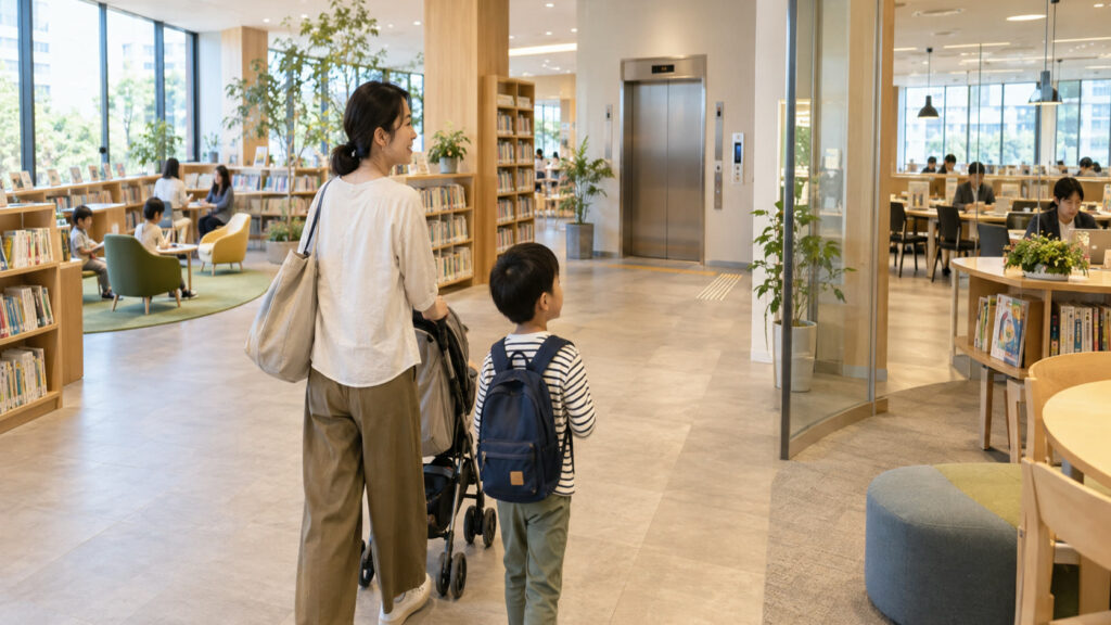 駅前の複合公共施設で図書館と学習場所を選ぶ親子のテーマ画像