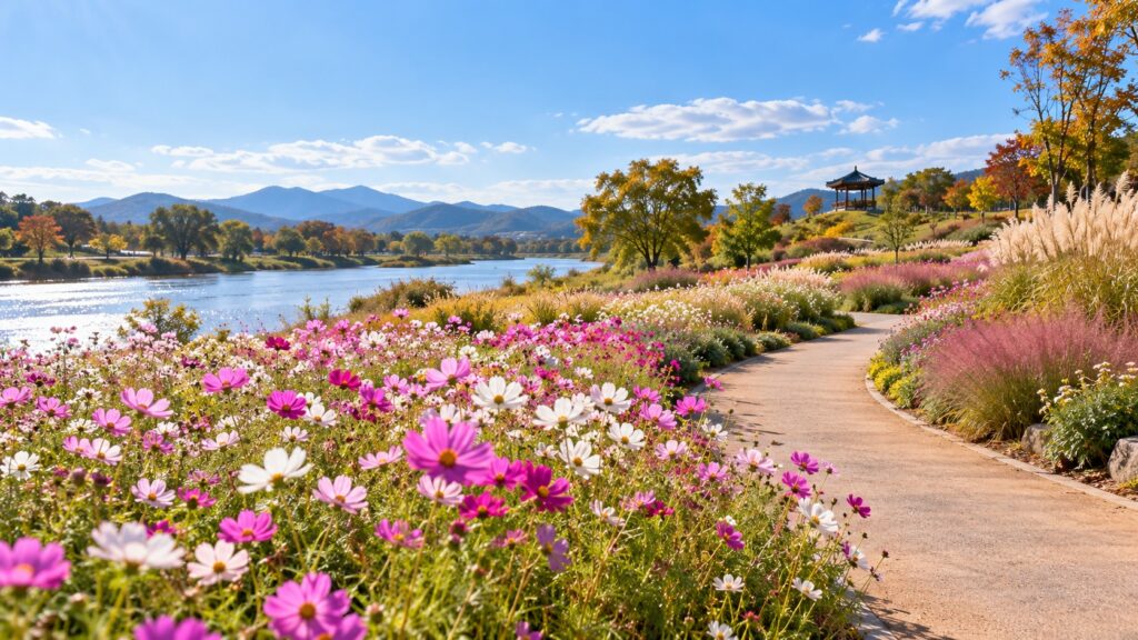 秋のコスモスと園路が広がる花の公園を表現したテーマ画像