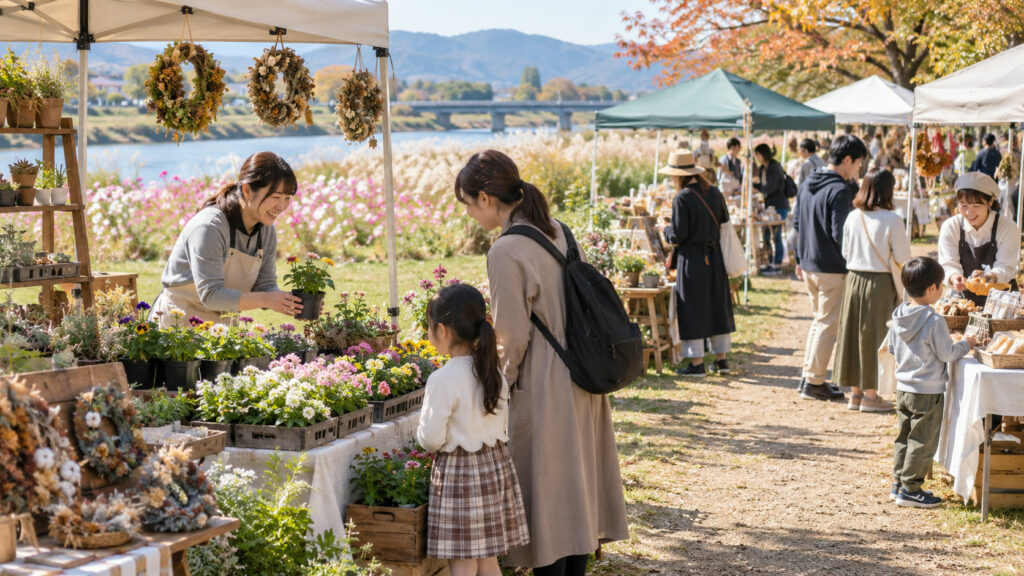 秋の公園で花苗と手作り雑貨のマルシェを楽しむテーマ画像