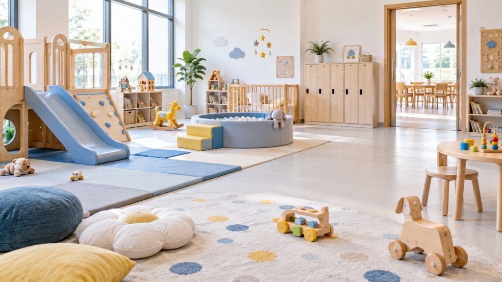 木製遊具と赤ちゃんコーナーがある明るい親子向け室内施設のテーマ画像