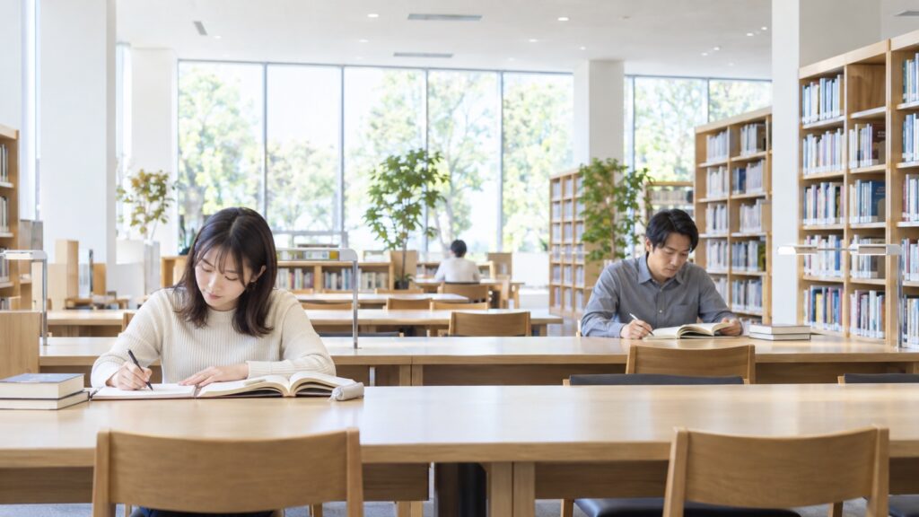明るい公共図書館の学習室で静かに本とノートを開く利用者のテーマ画像