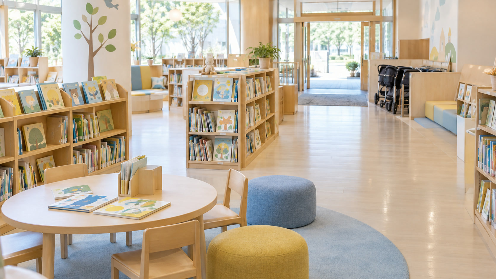 子ども向け図書館の明るい閲覧空間とベビーカー置場を表したテーマ画像