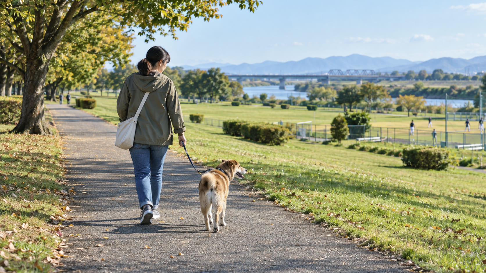 木曽川沿いの緑豊かな公園の園路をリード付きの犬と散歩するテーマ画像