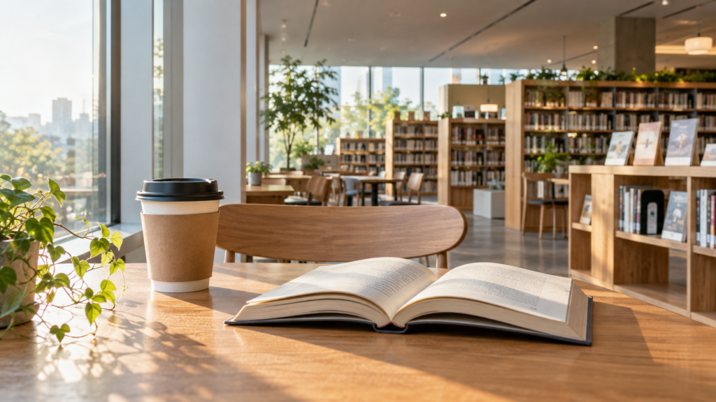 朝の公共図書館カフェでコーヒーと読書を楽しむテーマ画像