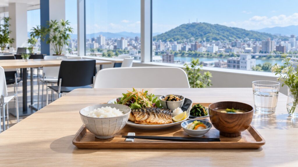 大きな窓から街と丘を望む公共施設の明るい食堂を表現したテーマ画像
