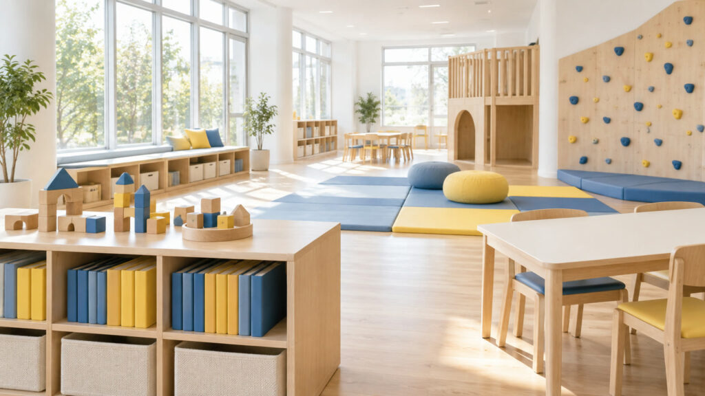 木製遊具と学習机のある明るい子ども向け公共施設を表したテーマ画像